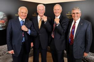 The astronauts Harrison Schmitt, Thomas Stafford, Eugene Cernan, Charles Duke and Buzz Aldrin, from left, pose after a press conference at the Omega booth at the world watch and jewellery show 'Baselworld' in Basel, Switzerland, Saturday, March 28, 2009. Omega presented the 'Omega Speedmaster Professional Moonwatch Apollo 11 40th Anniversary Limited Edition' wristwatch in presence of the astronauts.