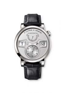 LANGE ZEITWERK, platinum, dial rhodié, time bridge made of untreated German silver. Manually wound, jumping hours and minutes, small seconds hand with stop seconds, power-reserve indicator. Lange manufacture calibre L043.1 with constant-force escapement.