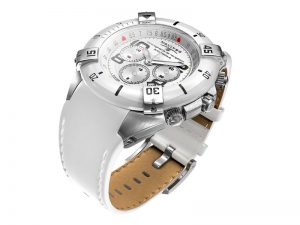 Navitec "Tango Charlie Automatique" chronograph: steel case with white ceramic bezel decorated with 4 steel horsemen, white dial with graduated flange, white real leather strap.