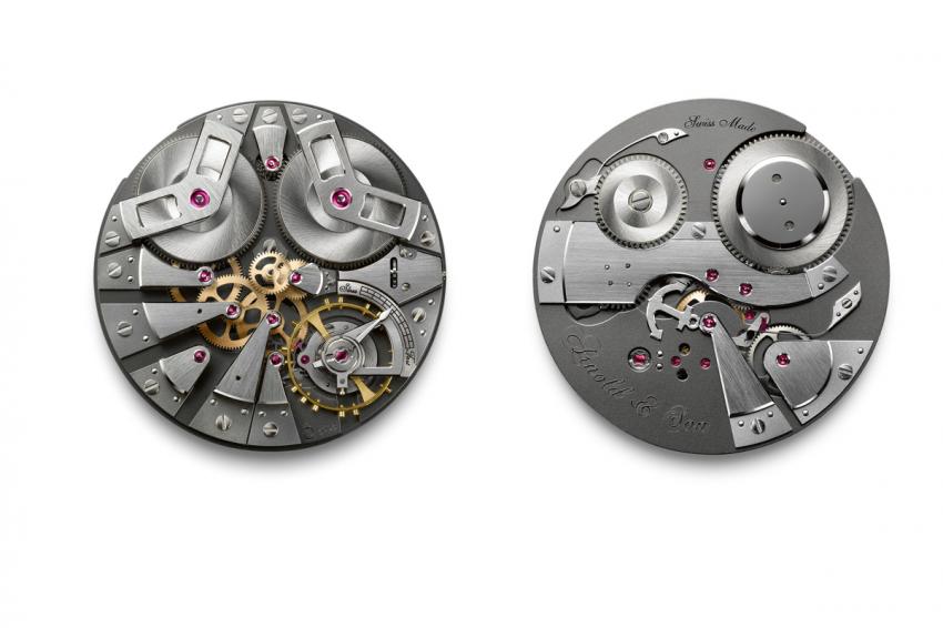 Exclusive Arnold & Son A&S5003 hand-wound mechanical movement, with each of its 16 pivoting elements mounted on its own bridge.