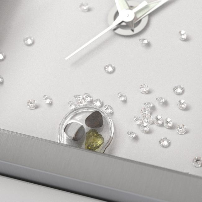 A closeup on the space gems and diamonds that decorate the Nuvati dial.