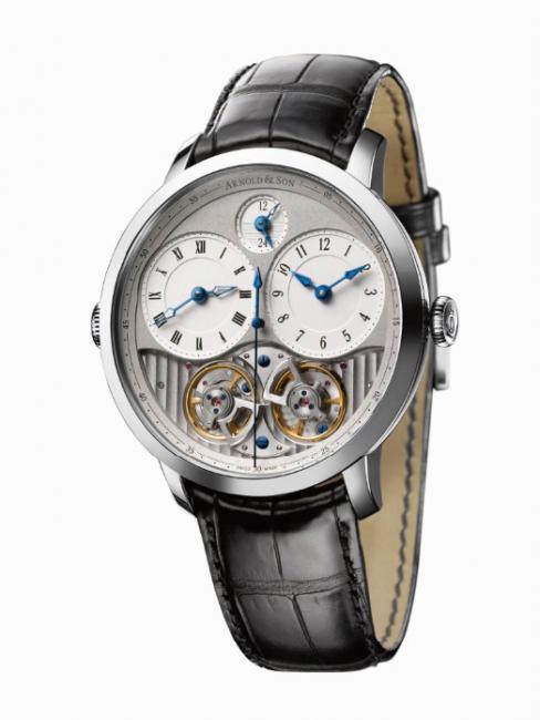 The Arnold & Son DBG Equation GMT features two separate time displays, each driven by its own barrel and gear train with its own escapement and balance.