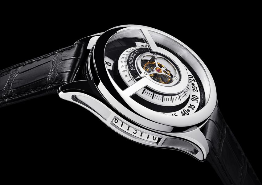 Inversion Principle by Fonderie 47: Central Three-Minute Flying Tourbillion, Instantaneous Jumping Hours with Quick-Set Pusher, 240° Retrograde Minutes, Lateral and Back Power Reserve Indicators
