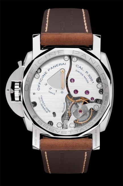 The back of a Panerai Luminor Marina 1950 3 Days (PAM00422).