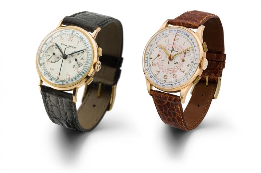 Baume & Mercier Column-wheel chronograph watch from 1940 and a Chronograph with tachymeter and telemeter functions, 1950.