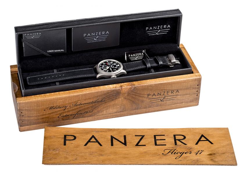 The limited edition Flieger 47s, such as the Heinkel, are packaged in a handmade wooden box.