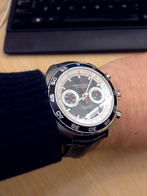 Glen's Hamilton Pan Europ has a modified Valjoux 7750 chronograph movement with an impressive 60 h power reserve.