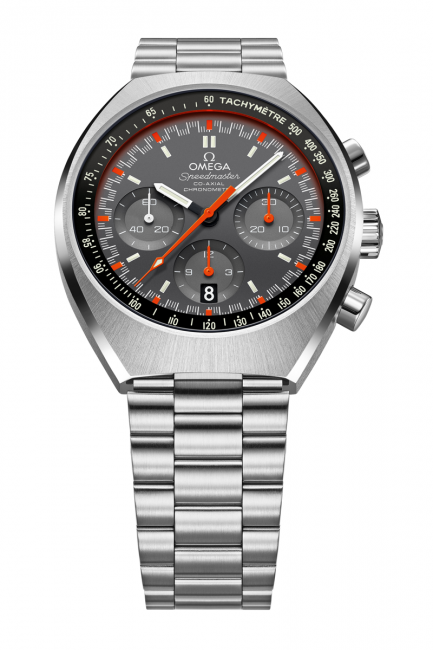 Omega Speedmaster Mark II with grey dial and fluorescent orange central chronograph seconds hand and a matching minute track