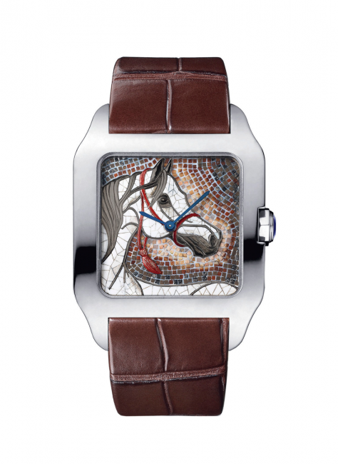 Cartier Santos-Dumont XL  white gold watch with a  horse mosaic made of  gemstone mosaic 