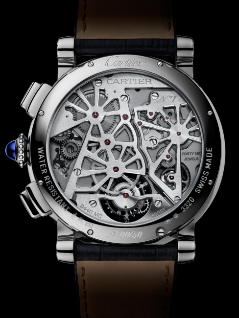 The back of the Rotonde de Cartier Earth and Moon watch showing the star shaped semi-skeletonised bridges on the 9440 MC movement. 