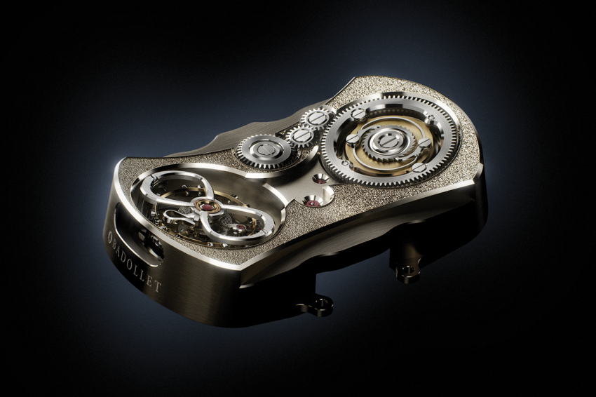 The central plate of the BADOLLET 2012 domed movement is entirely hand-decorated with chamfering, chasing, concave chamfering, circular graining and straight graining executed in the traditional manner.