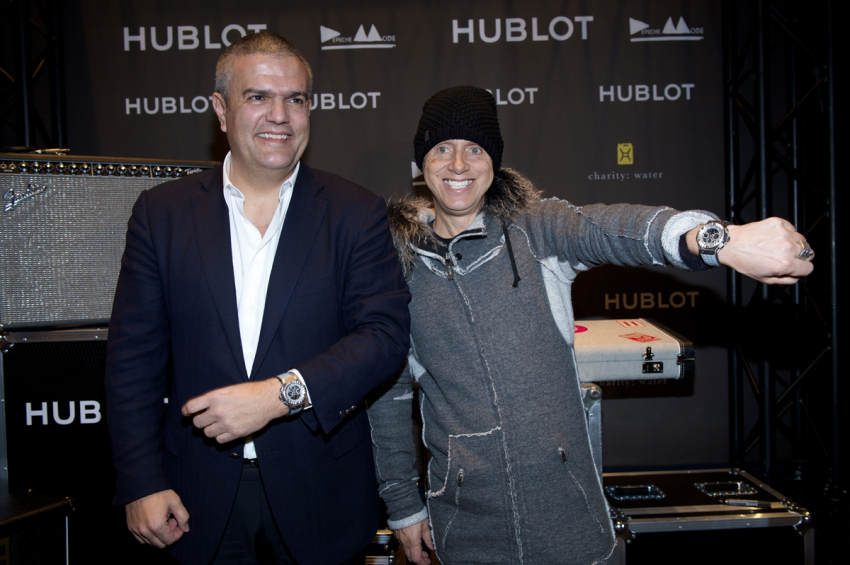 Hublot CEO Ricardo Guadalupe and Martin Gore at the Hublot boutique in Place Vendôme, Paris.