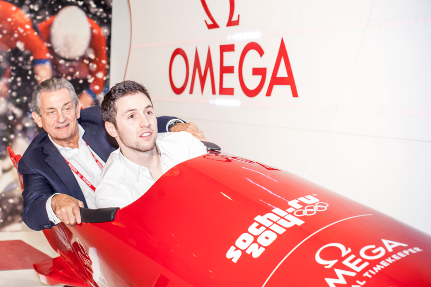 Two-time Olympic champion (moguls) Alexandre Bilodeau took a ride with OMEGA President Stephen Urquhart in the bobsleigh simulator at the OMEGA Pavilion in Sochi's Olympic Park.