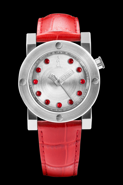 CTK103 - Red Jade Automatic with its 11 pure red Burmese jade circles on the silver dial.