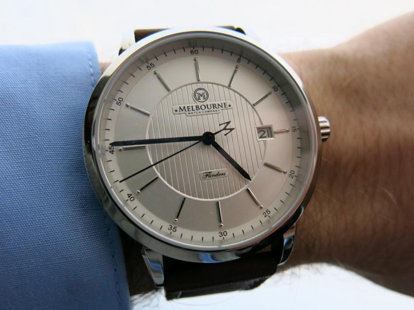 Wrist-shot of a Flinders — white dial by Melbourne Watch Company  