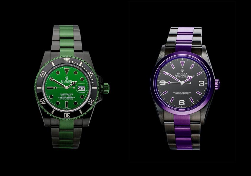 Using DURAMANTAN, you have a customized Submariner Date in steel and  an Rolex Explorer in aubergine.