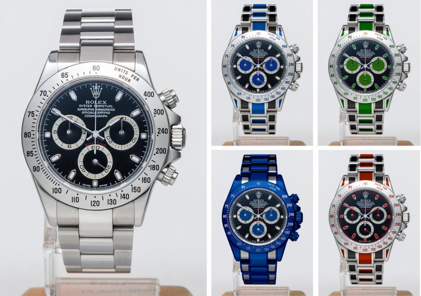 On the left, the original satinles steel Rolex Black Dial Cosmograph Daytona 116520. On the right, four colour variations obtained using Rau-Tech's coating technology