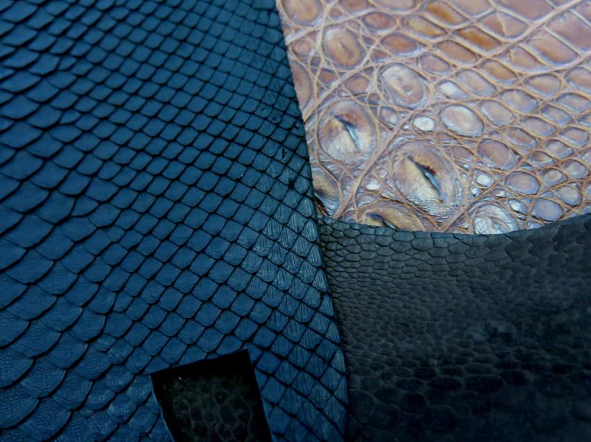 Python, ostrich leg and crocodile skins. Every skin used by Aaron Pimental has to meet ethical standards, meaning that the animal was not killed for his skin.