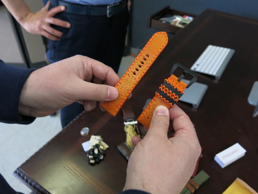 A fantastic looking orange toad strap with black stingray keepers.