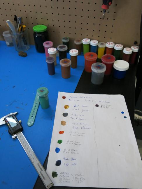 Colours and formulas used to prepare the edge of a strap.
