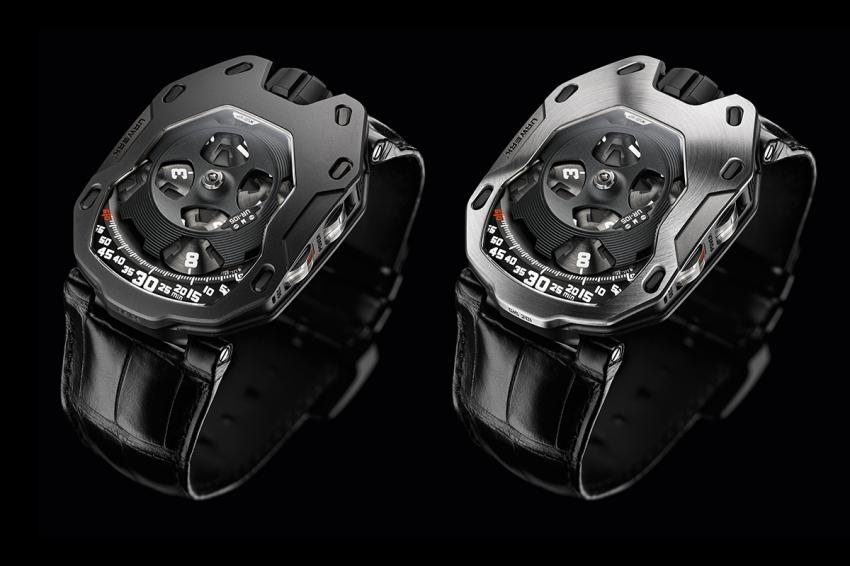 The two versions of the Urwerk UR-105, the Dark Knight with AITin-treated steel bezel and the “Iron Knight” with sand-blasted steel bezel 