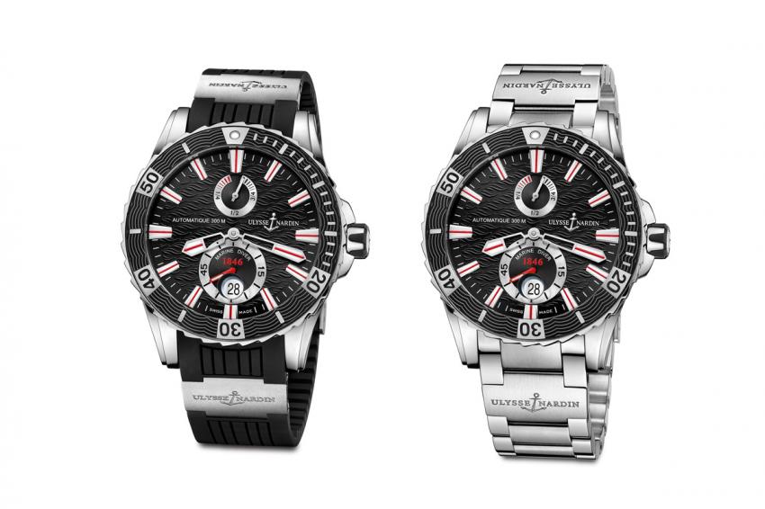 The black version of the Ulysse Nardin Marine Diver on rubber strap and on stainless steel bracelet.