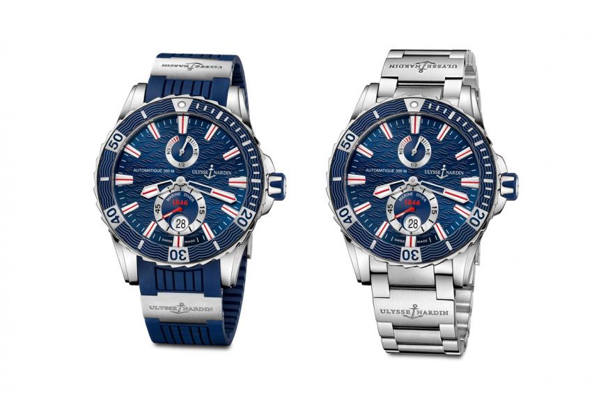 The blue Ulysse Nardin Marine Diver on rubber strap and on stainless steel bracelet.