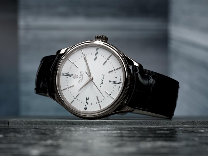 The 2014 Rolex Cellini Time with white lacquered dial and 18 ct white gold case.