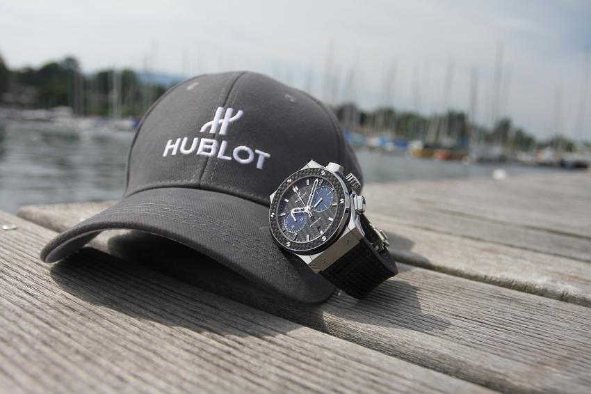 Hublot Classic Fusion chrono in titanium and carbon with a hint of deep blue mirroring the waters of Lake Geneva