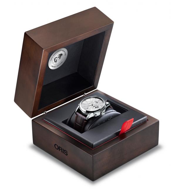 The Oris GMT Limited Edition is presented in an elegant wooden box.