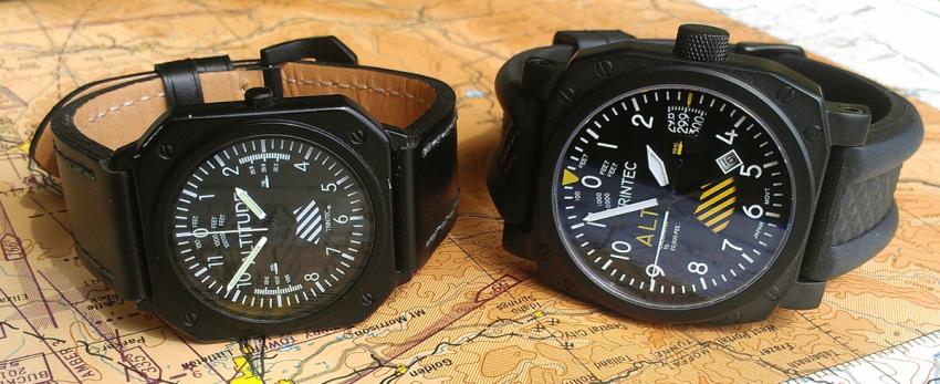 Side by side the first and the 30th anniversary edition Altimeter watch.