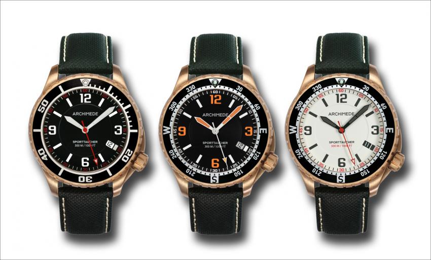 The threee versions of the ARCHIMEDE SportTaucher with bronze case.