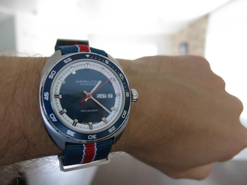 Wrist shot of the Hamilton Pan Europ Auto