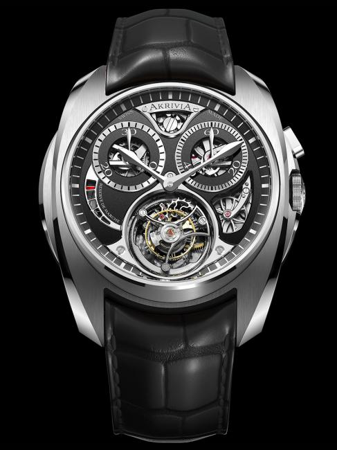 Akrivia Tourbillon Monopusher Chronograph stainless steel with black PVD coated silver dial.