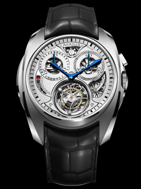 Akrivia Tourbillon mononpusher chronograph, silver dial with blued sword-shaped hands