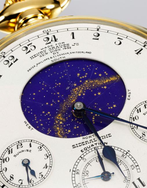 A close-up of the Henry Graves Supercomplication with the night sky of New York City (c) Sotheby’s