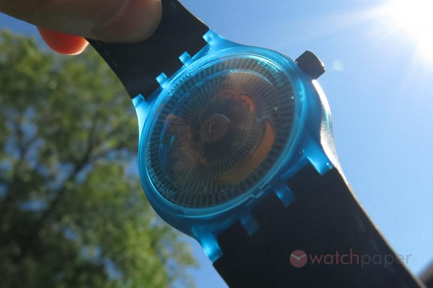 The blue Swatch Sistem51 a quasi transparent watch 