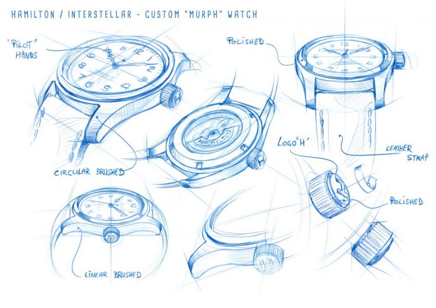 Drawings of the Hamilton Khaki Special Edition Interstellar worn by Murph, played by Jessica Chastain.