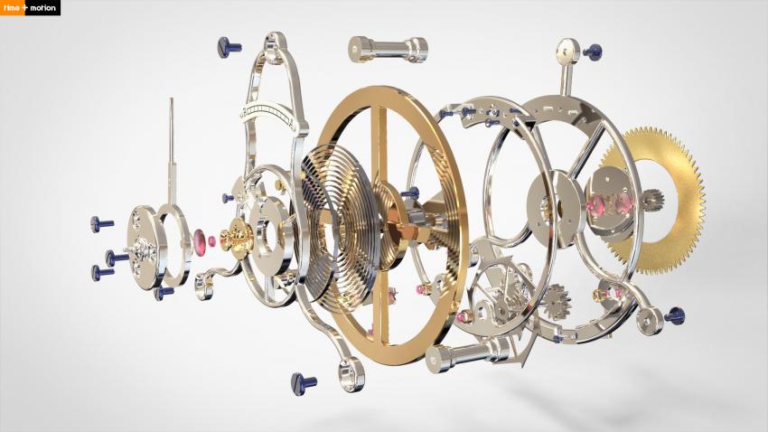Co-Axial Tourbillon Exploded View. Rendering courtesy of Time + Motion
