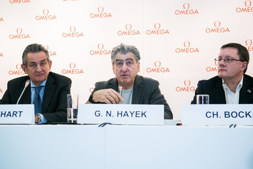 Stephen Urquhart, President of OMEGA, Swatch Group CEO Nick Hayek and Dr Christian Bock, the Director of METAS