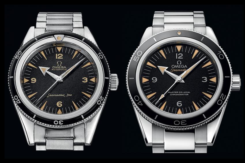 The 1957 version of the Omega Seamaster 300 vs the new 2014 Master Co-axial model.