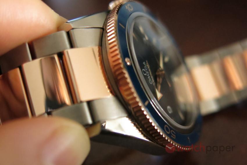 The bi-colour Titanium and Sedna gold bracelet on the Omega Seamaster 300 Master Co-axial 