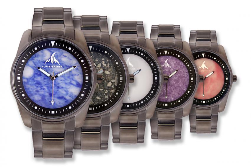 The debut collection of Plug & Feather, featuring watches with dials made from exotic stones.