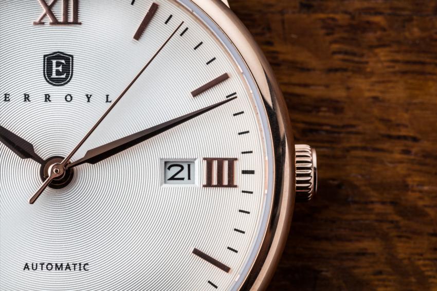 A close look at the guilloché dial of the ERROYL E30 Heritage Rose