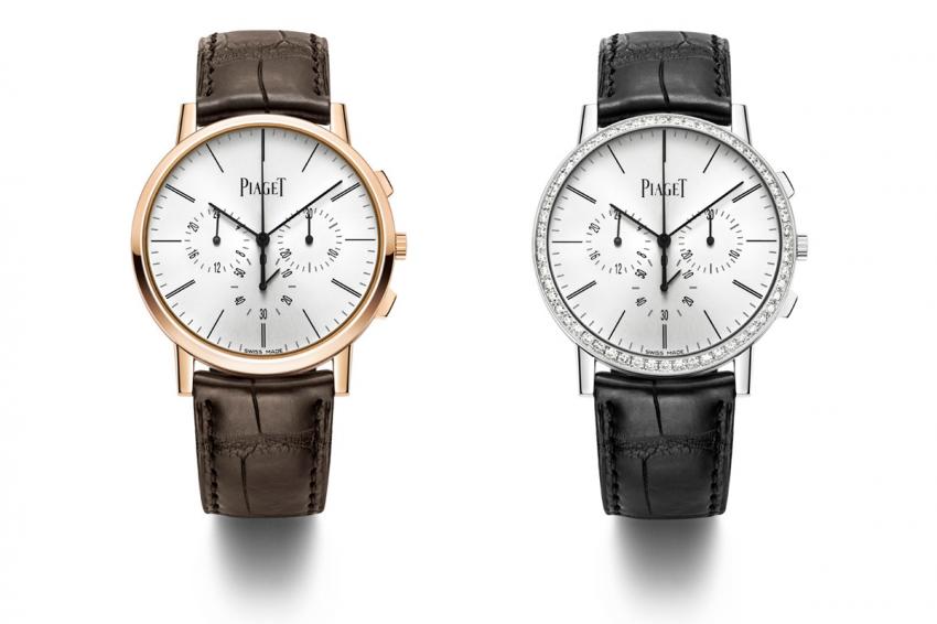 The two versions of the Piaget Altiplano Chronograph, rose gold and white gold, decorated with 56 brilliant-cut diamonds (approx. 1.8 cts).