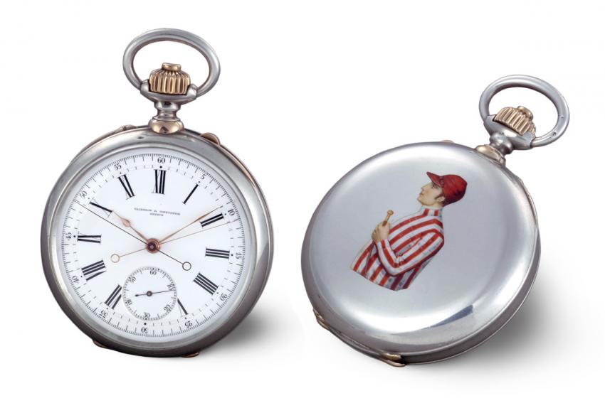 Vacheron Constantin split-seconds chronograph from 1889. Silver and red gold, enameled coat of arms on the case back. Chronograph push-piece in the crown and split push-piece on the case band.