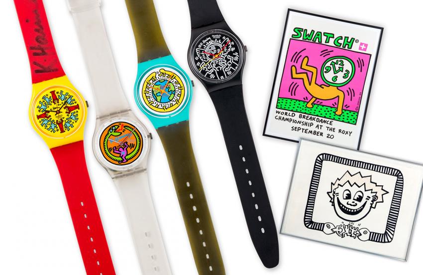 Swatch Keith Haring Set, launched in 1986, including the Modele Avec Personnages, Serpent, Milles Pattes and Blanc sur Noir.