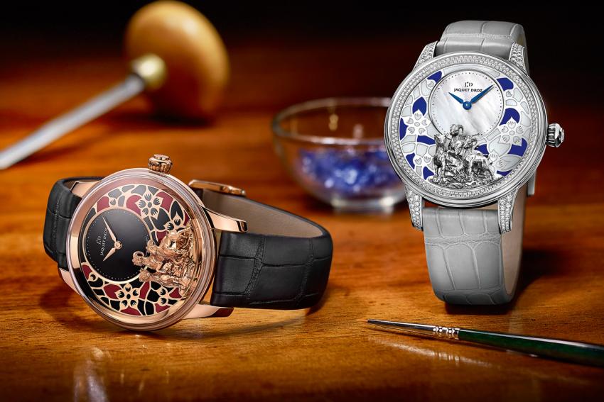 Jaquet Droz Petit Heure Minute Relief Goats in red gold and white gold