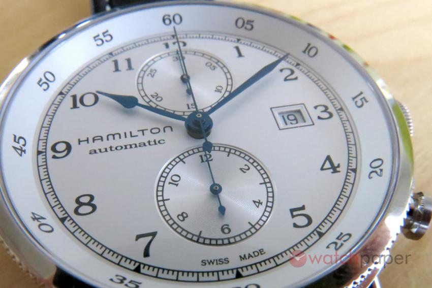 The dial of the Hamilton Khaki Navy Pioneer Chronograph