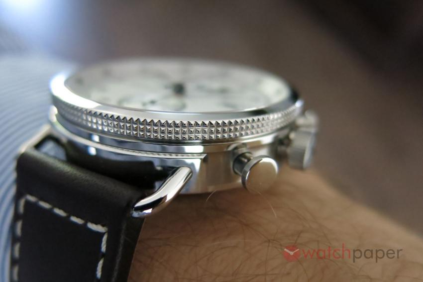 A side view of the Hamilton Khaki Navy Chronograph